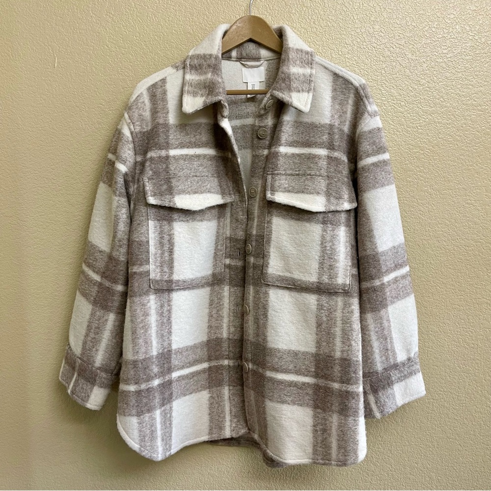 H&M Shacket Oversized Plaid Wool Blend M Beige EUC